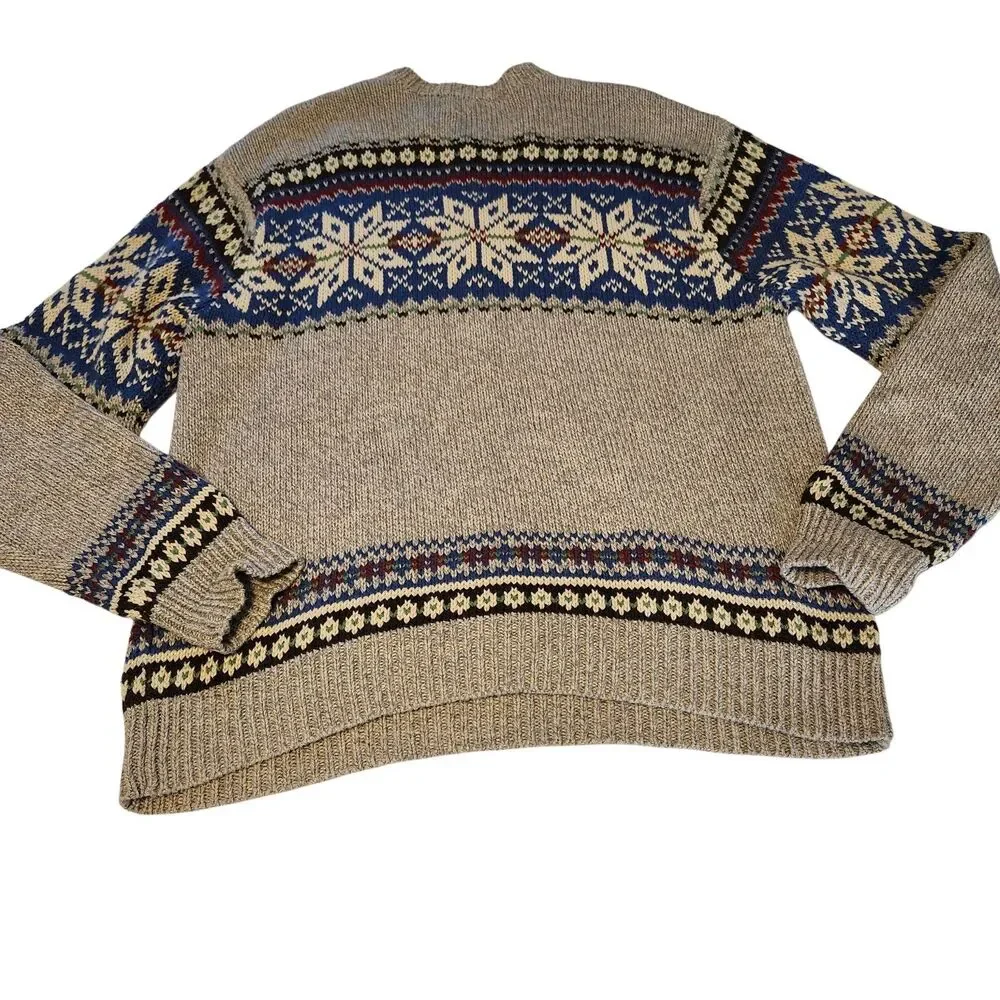 Vintage Polo Ralph Lauren Mens LS Sweater Beige Snowflake Nordic Cotton Knit  XL